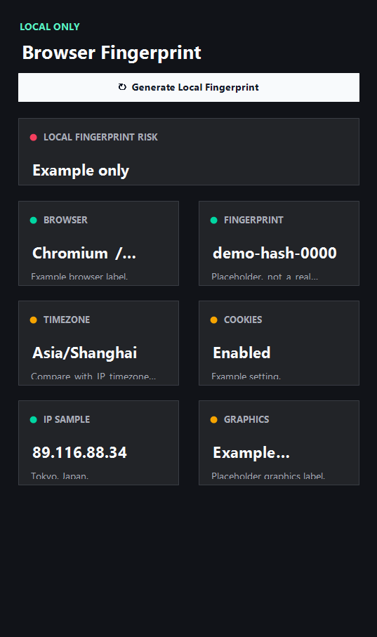 ping123 browser privacy check example showing browser fields and privacy context