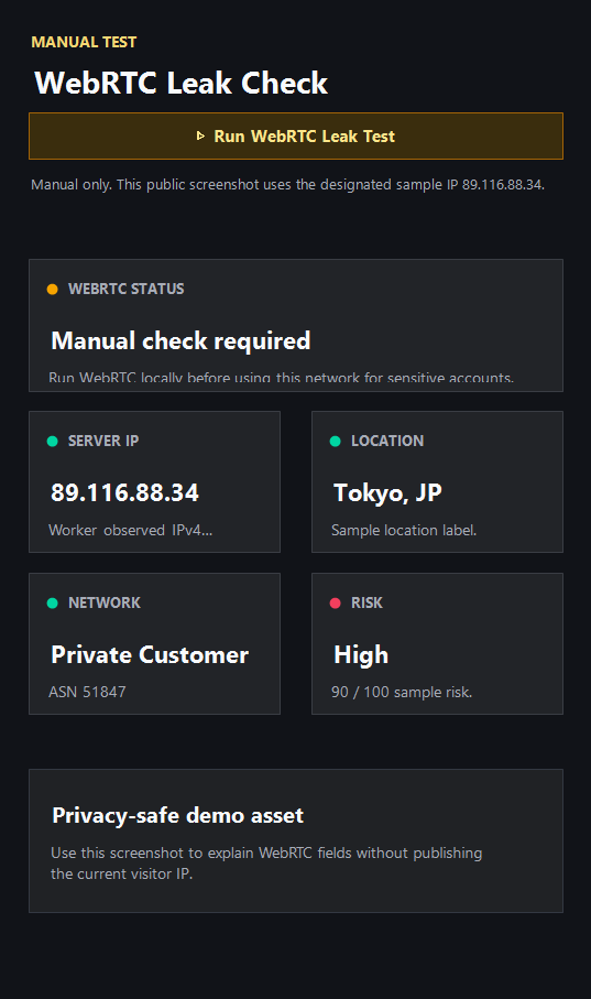 ping123 WebRTC leak test result showing STUN servers, ICE candidates, and exposed IP signals